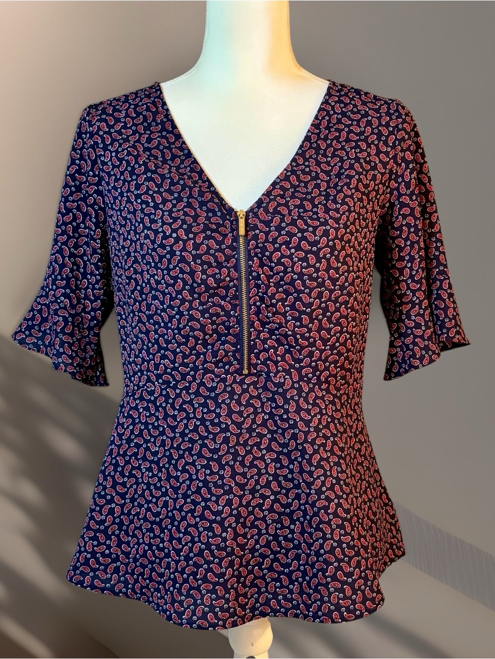 Michael Michael Kors Navy Paisley Zip-Front Peplum Blouse
